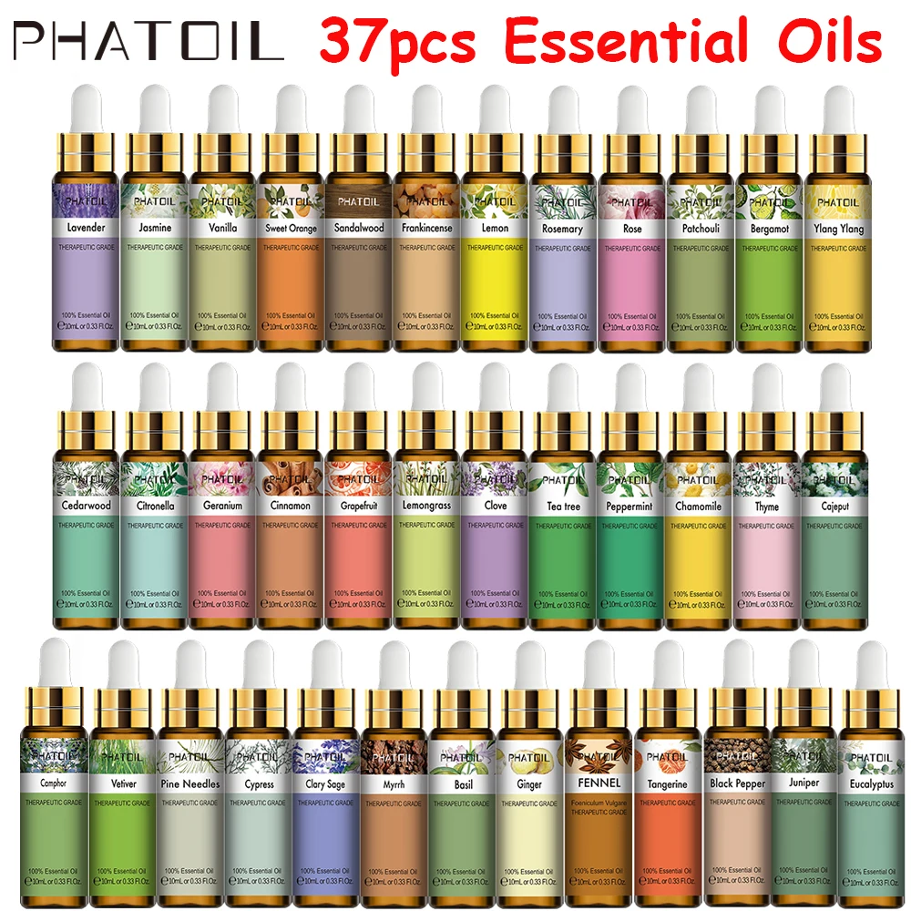 PHATOIL 37pcs/Set Essential Oils with Droppers 10ML Lavender Vanilla Ylang Rose Jasmine Eucalyptus Sandalwood Tea tree Chamomile