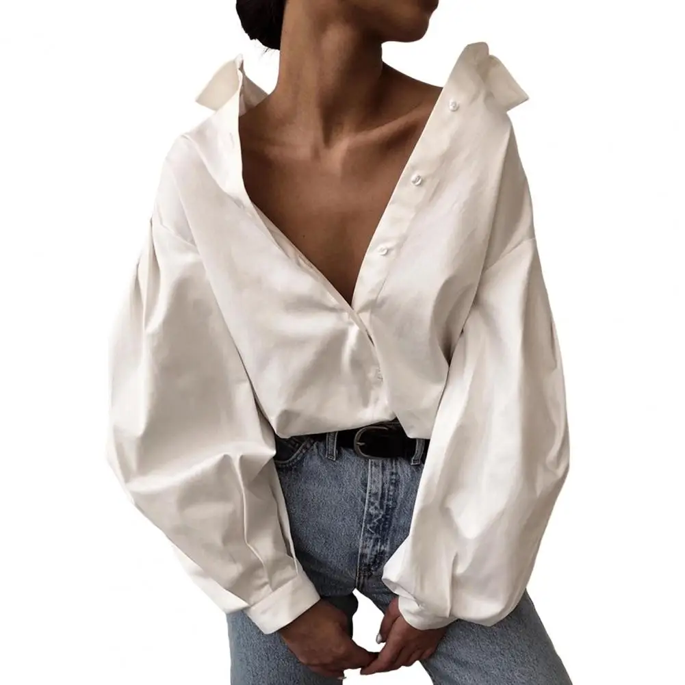 

Lantern Long Sleeves Lady Shirt Single-breasted Placket Lady Loose Shirt Blouse Female Casual Vintage Sexy White Blouse Women