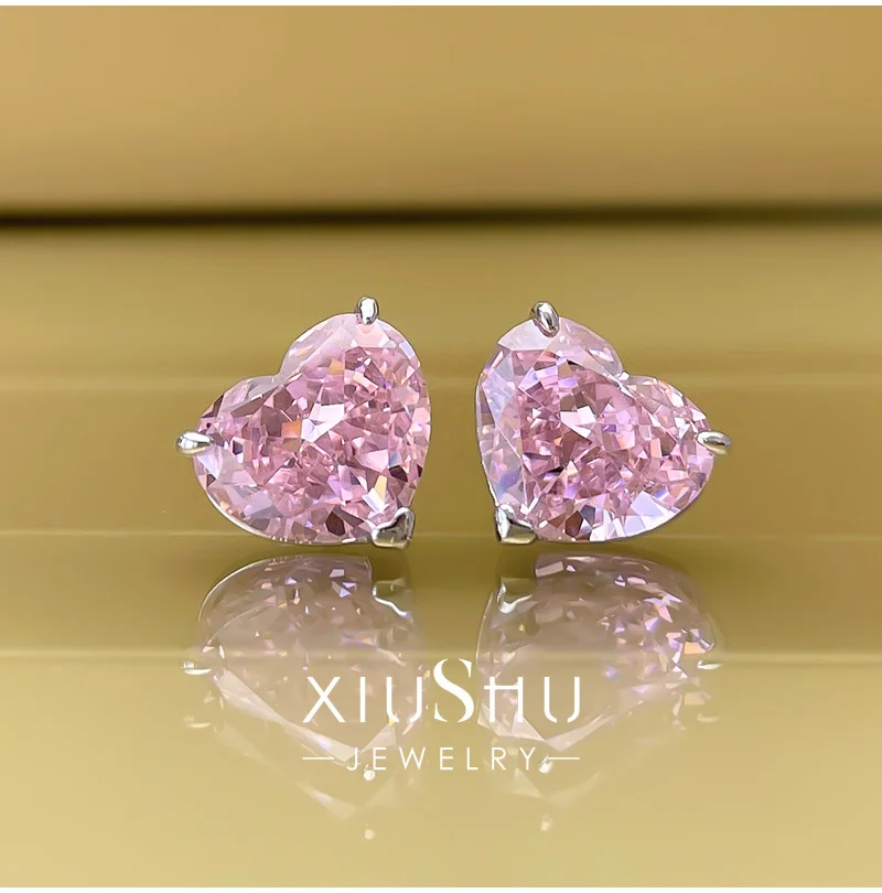 

Burst! Red High Carbon Diamond Heart Earrings New Fashionable Style South Korea Net Red Premium 925 Sterling Silver Earrings