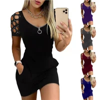 sexy slim fit solid color a line skirt 2022 womens new summer v neck short sleeve hollow zipper pocket fashion dress
