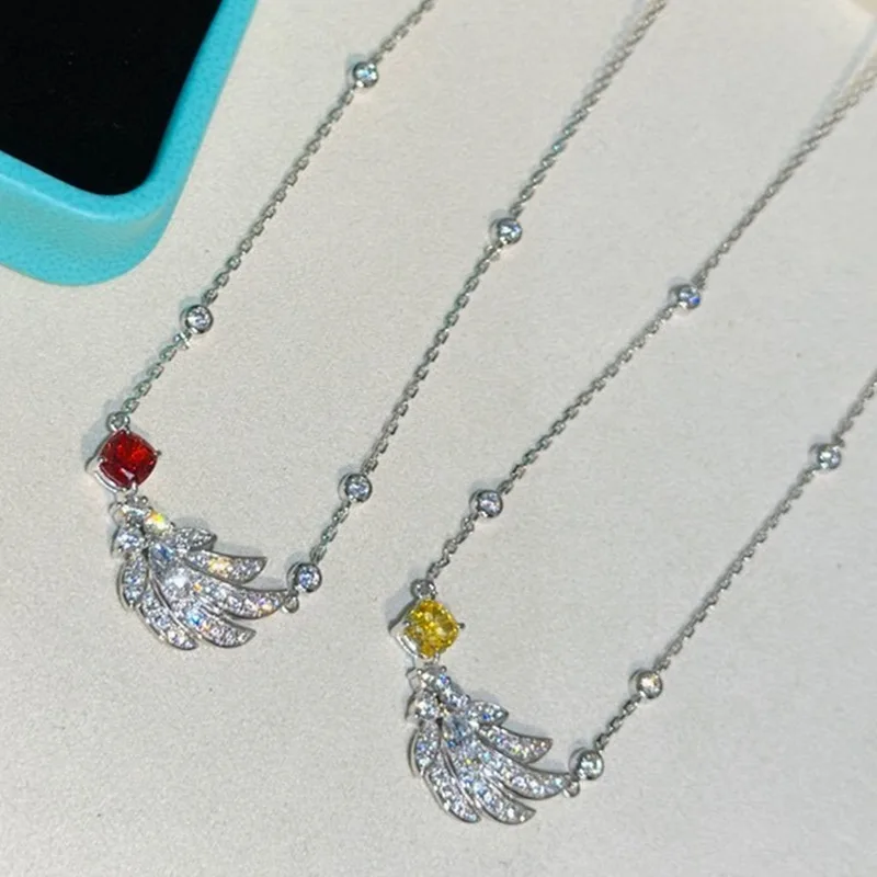 

High Quality 925 Sterling Silver Pigeon Blood Red Goose Yellow Full Zircon Feather Necklace For Women Luxury Fine Jewelry DN