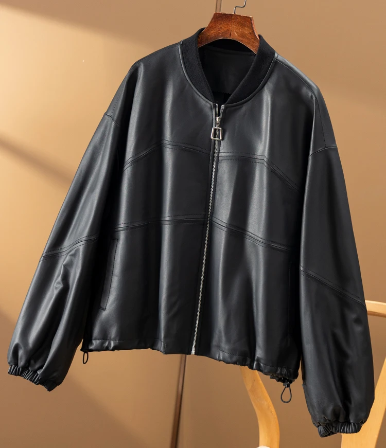 High-quality Casaco Feminino  Genuine Leather Jacket  Sheepskin  High Street  Zipper  Spliced OVERSIZED Loose Coat