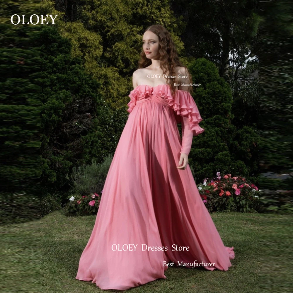 

Сексуальные розовые шифоновые платья OLOEY с открытыми плечами для выпускного вечера с рукавами и оборками вечерние платья для беременных в стиле ампир модное женское платье