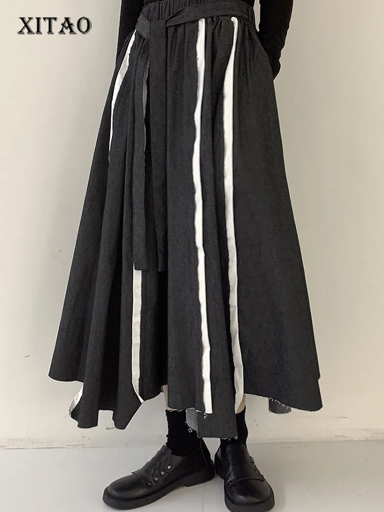 

XITAO Striped Skirt Fashion Hit Color Elastic Waist Pleated Goddess Fan Casual Style 2022 Minority Elegant Skirt WMD5312