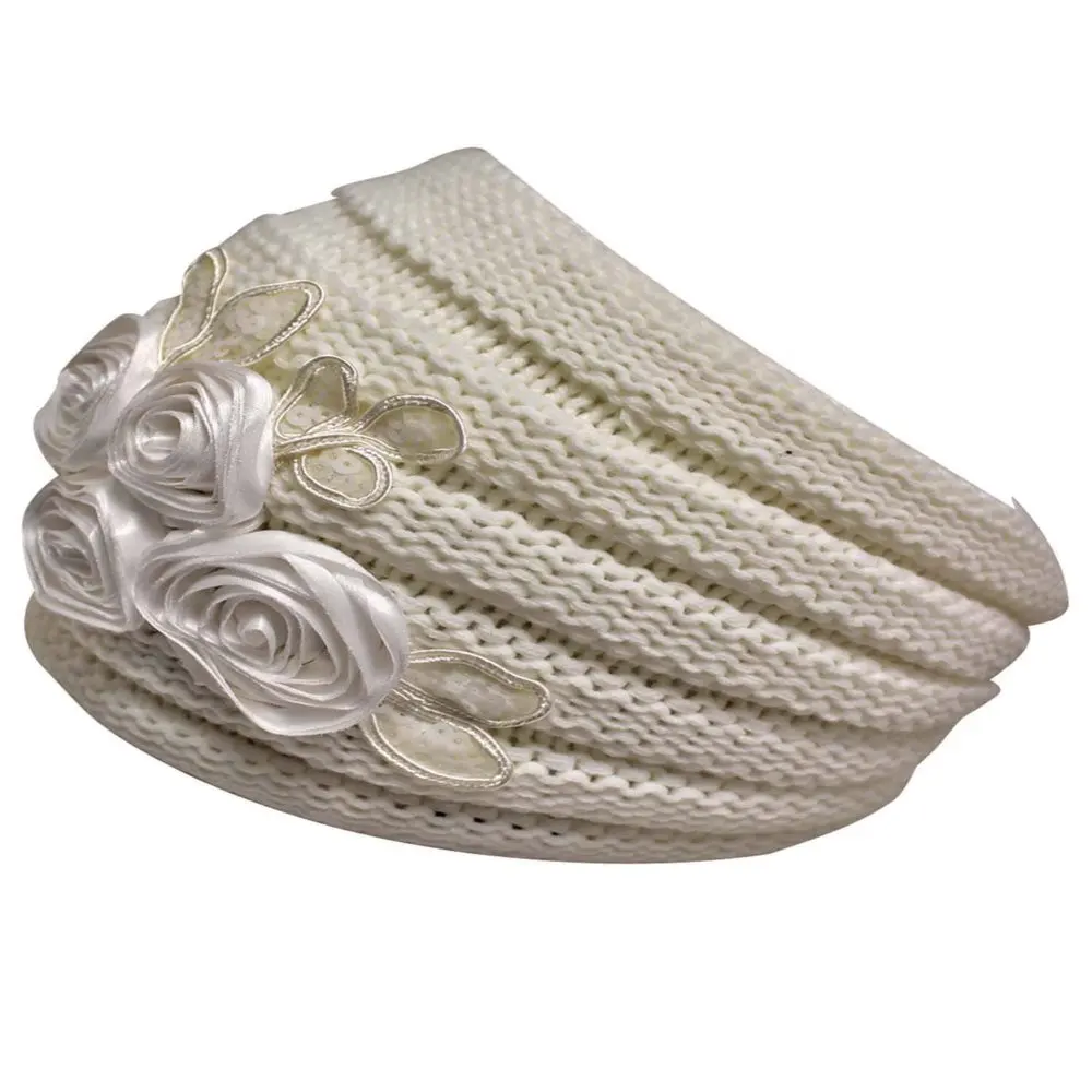 

free shipping Ivory Ribbed Knit Headband With Floral Design