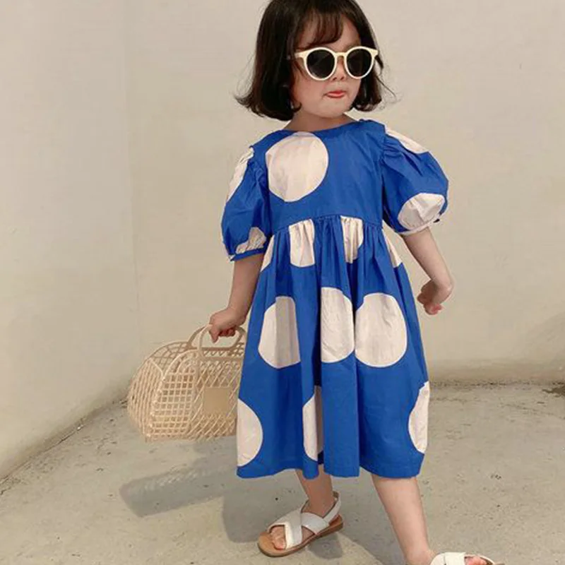 

children's clothing girls fashion Round neck blue Summer Polka dot Printing short Sleeve mid-Calf Dress for kids 3-8 years
