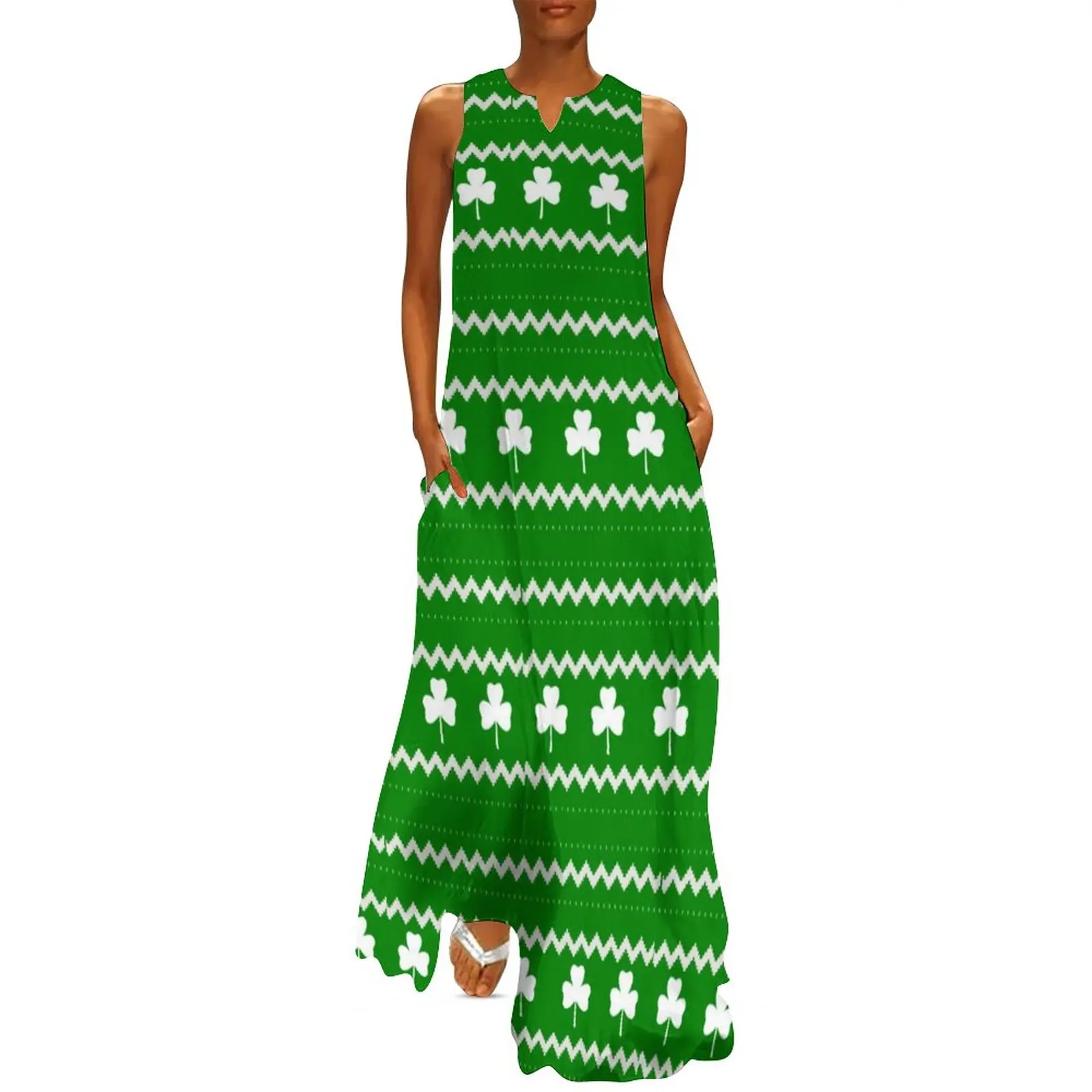 

Shamrock Print Dress Summer Clover Fair Isle Street Wear Bohemia Long Dresses Women Print Kawaii Maxi Dress Big Size 4XL