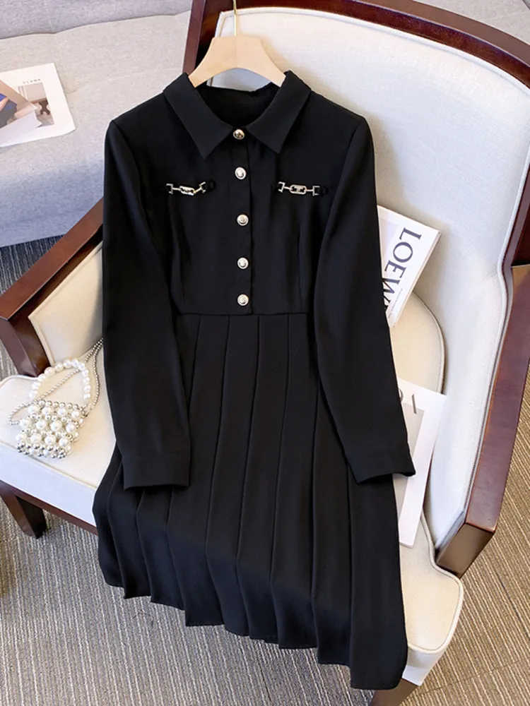 

Женское офисное платье с длинным рукавом, элегантное плиссированное длинное платье-трапеция с отложным воротником и высокой талией, одежда размера 4XL для осени