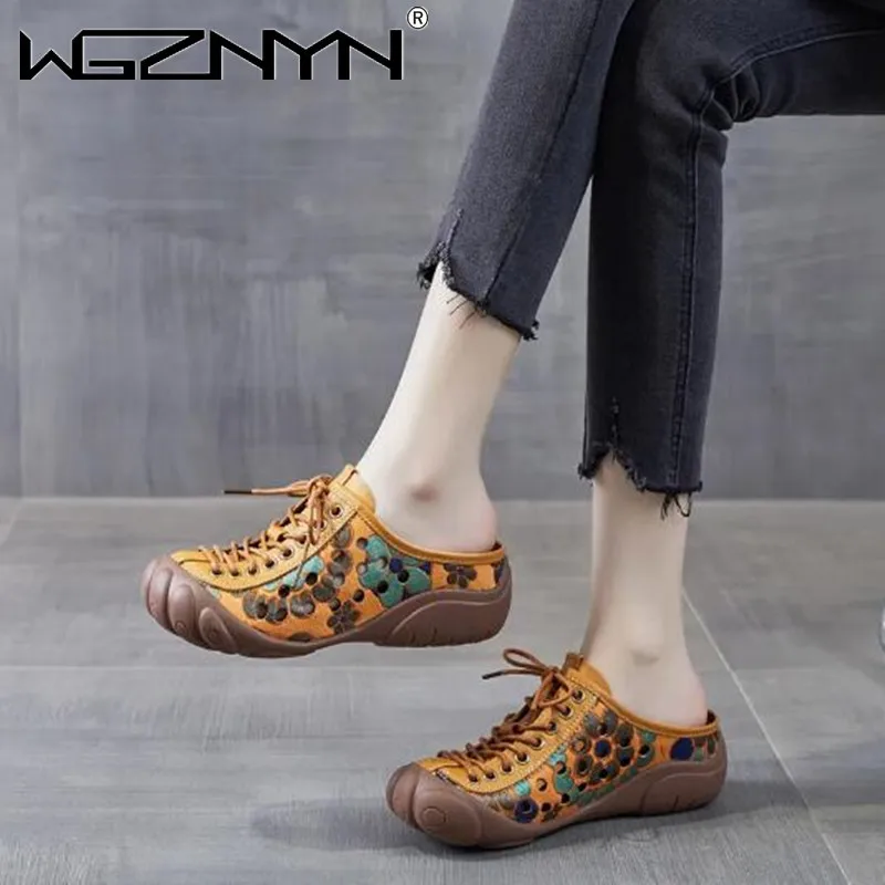 

2022 New Fashion Retro Mother Flat Genuine PU Leather Slippers for Women Lace-Up Summer Platform Shoes Woman Ladies Sandals