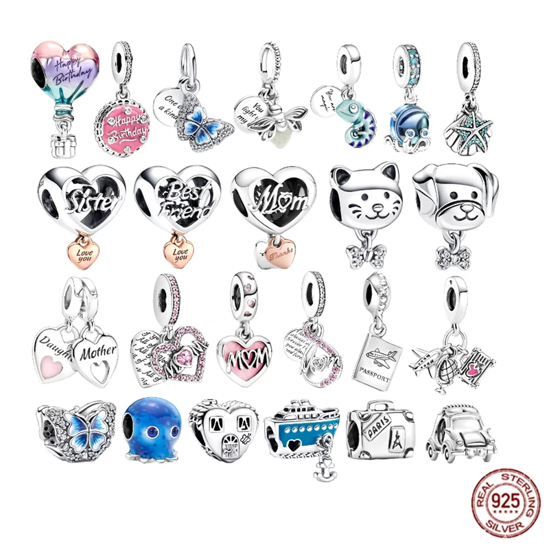 Браслет Pandora из серебра 925 пробы, оригинальное ожерелье с шармами, бижутерия в виде светлячков, хамелеон, осьминог, кошка, собака, дорожный паспорт