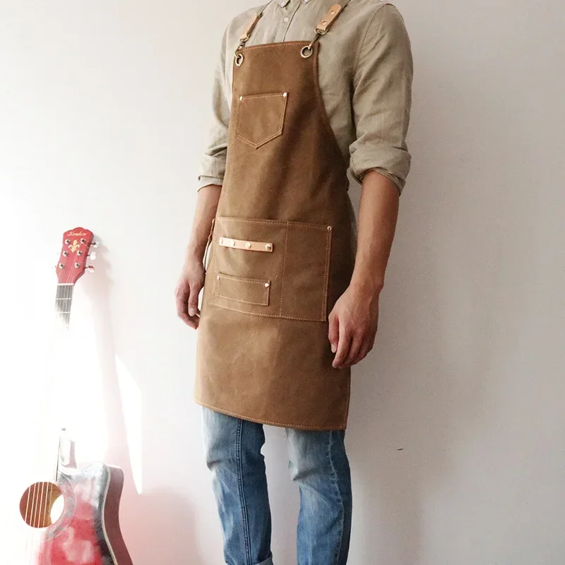 

Canvas Bib Leather Chef Kitchen Apron Women Men Barista Bartender Pockets Home Barber Coffee Restaurant Protective Pinafore