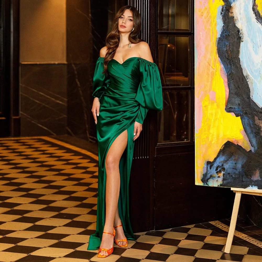 

2023 женское вечернее платье, Зеленое Атласное Вечернее Платье-футляр с открытыми плечами, пикантные вечерние платья с длинными рукавами-фонариками и Боковым Разрезом для выпускного вечера