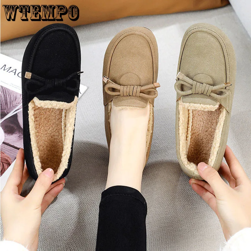 

Casual Flat Cotton Shoes Faux Suede Plush Warm Women's Boat Shoes Shallow Slip-on Commuting Retro Ethnic Style Autumn Winter