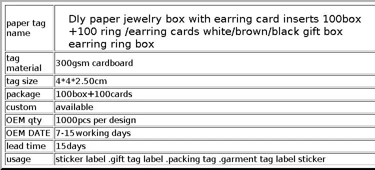 DIy paper jewelry box with earring card inserts 100box +100 ring /earring cards white/brown/black gift box earring ring box