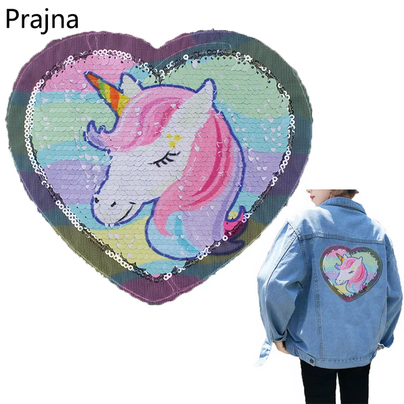 

Prajna Unicorn Patches Reversible Change Color Magic Rainbow Sequins Patch Jacket DIY Dress Kid Clothing Applique Letter Sticker