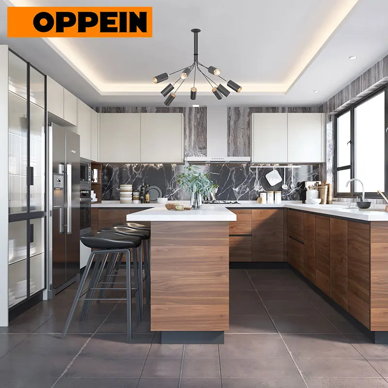 Фото Для OPPEIN современные кухонные шкафы среднего размера, белый, средний, деревянный, смеситель для раковины, шарнир, направляющий ящик для квартир