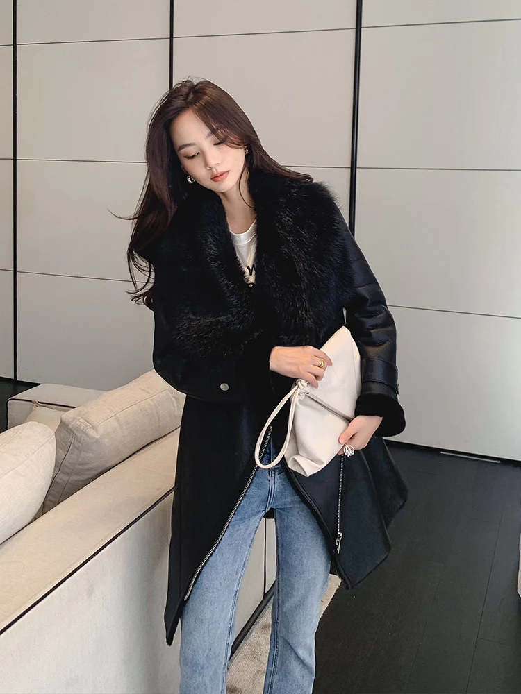 2022 New Winter Jacket Women Double Sided Fur Wool Turndown Collar Warm Merino Sheepskin Outerwear Natural Real Fur Coat