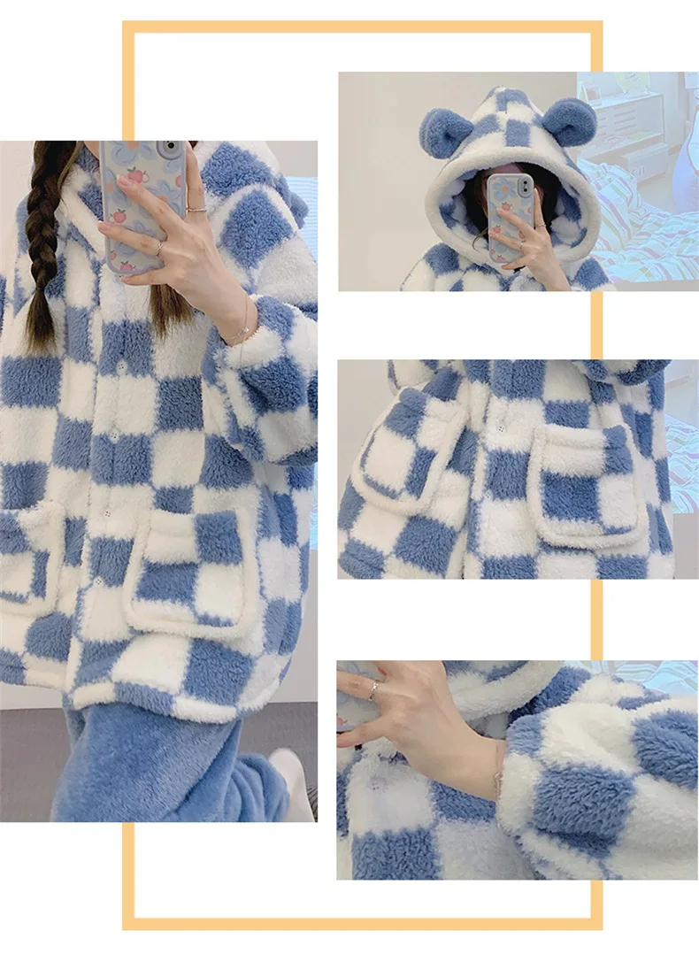 Yasuk Winter Women Girl Casual Warm Soft Hooded Sleepwear Pajamas With Pant Velvet Fleecel Cute Thick Pocket Plaid Simple