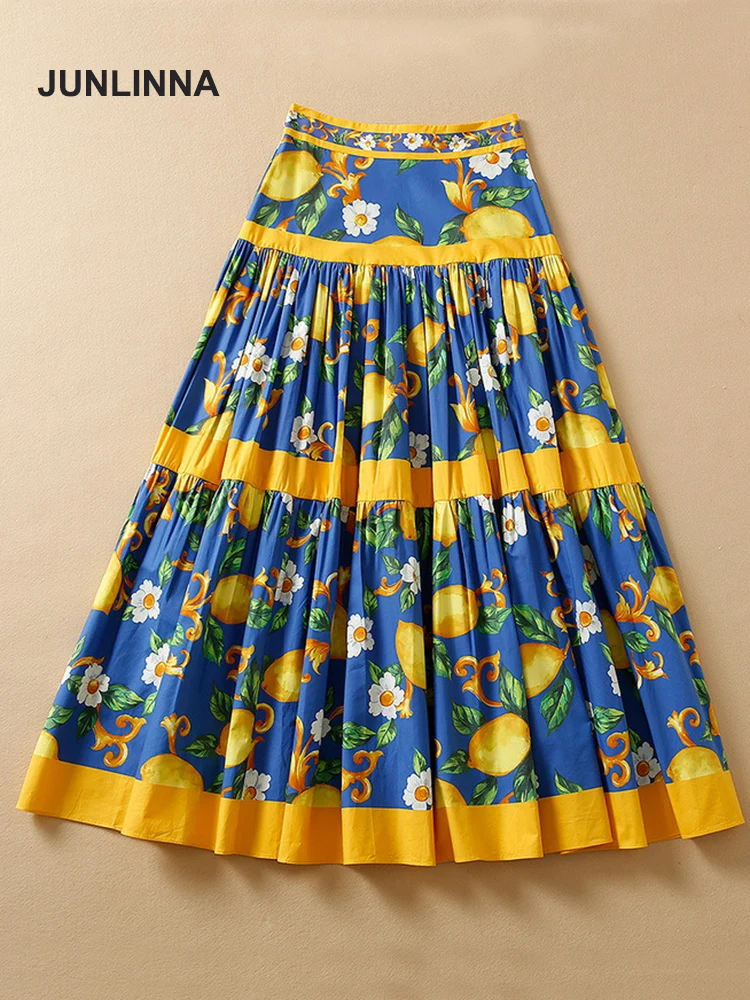JUNLINNA Cotton Women Beach Holiday Bohemian Skirt Summer New Empire Fashion Lemon Printed A-Line Half Dress
