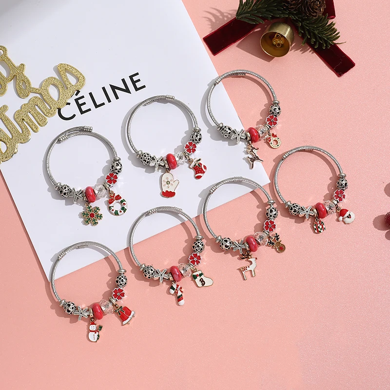 

XIAOBOACC Christmas Charm Bracelet for Women Tree Santa Claus Elk Snowflake Opening Beads Crystal Bracelets Party Jewelry Gifts