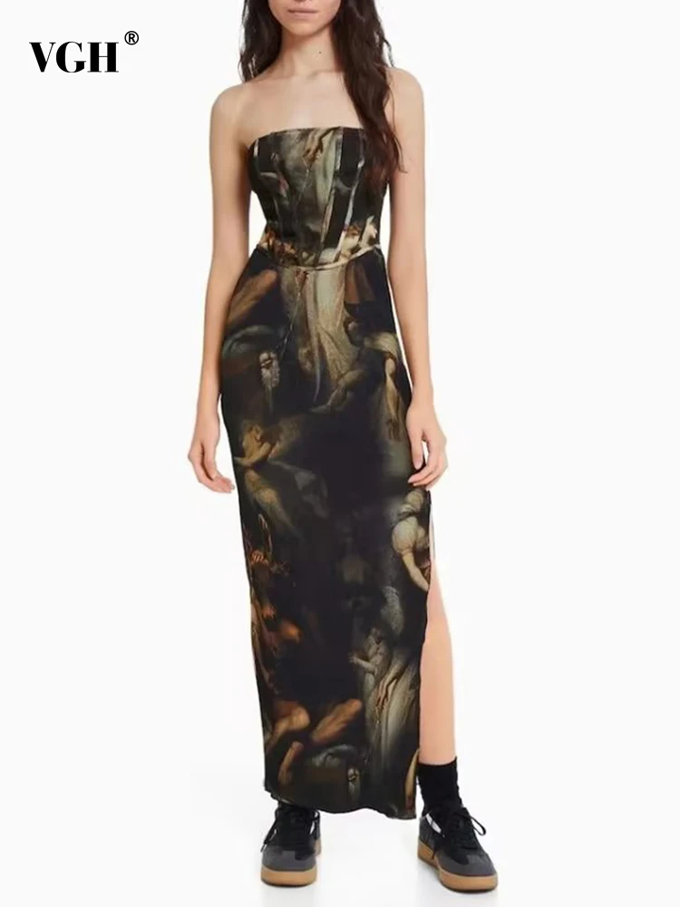 

VGH Hit Color Print Dress For Women Strapless Sleeveless High Wiast Split Elegant Slim A Line Dresses Female Clothing Summer New