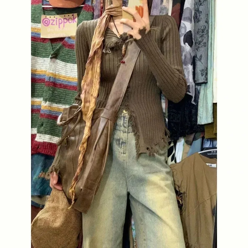 Винтажный вязаный кардиган кофейного цвета с длинным рукавом и бахромой Женский