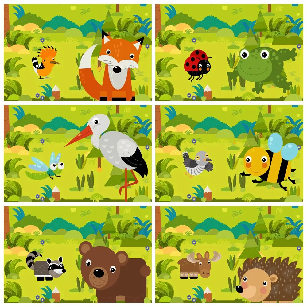 Spring Animals Backdrop Photography Birthday Decoration Custom Children Jungle Forest Green Grass Outing Party Photo Background