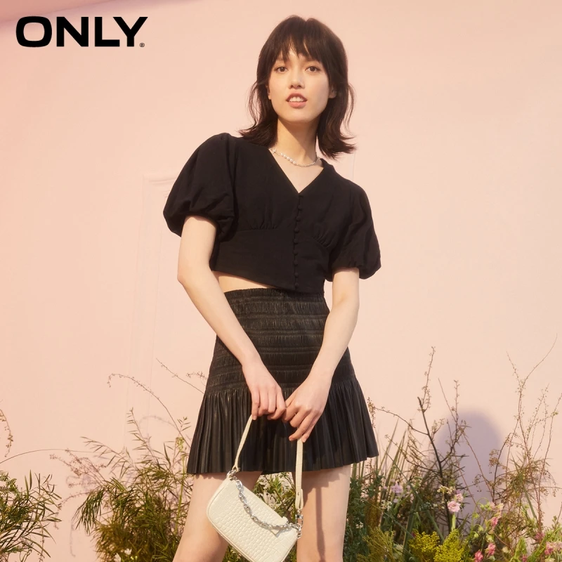 

ONLY summer new French V-neck solid color slim button puff sleeve short T-shirt women | 121101011