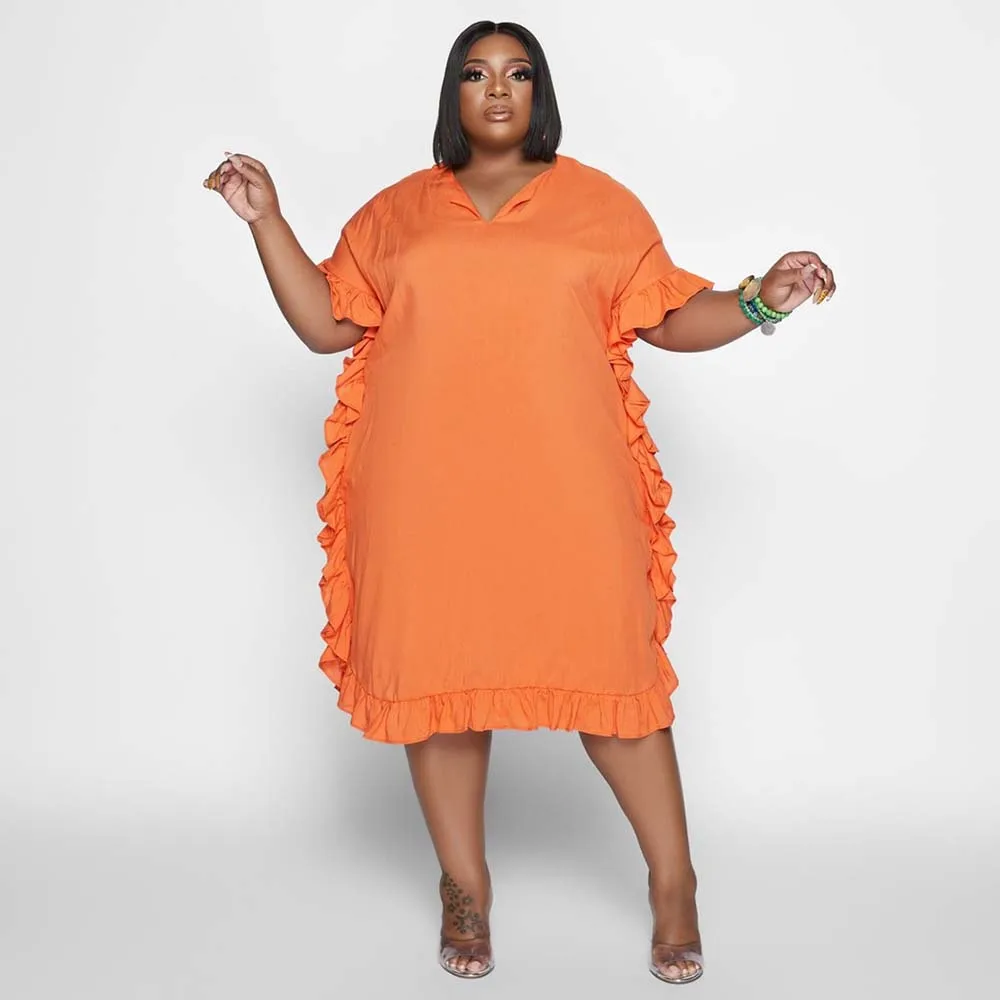 

Large Size Dress Fashion Loose V-neck Solid Color Ruffle Casual Dress Short Women Plus Size Western Style Ladies 2022 Summer