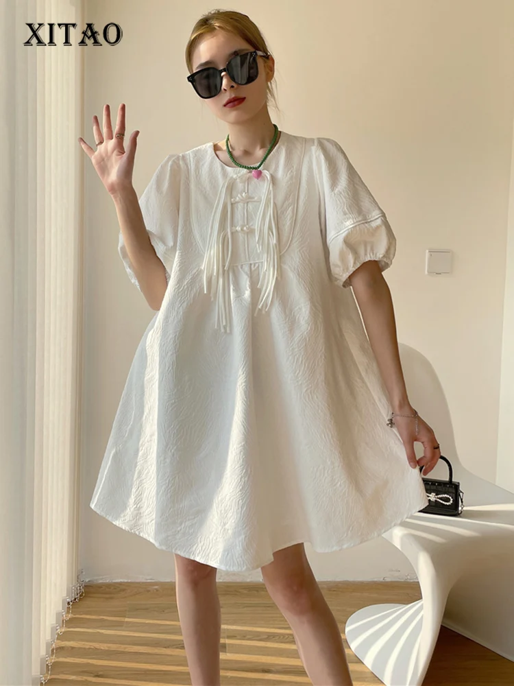 

XITAO Chinese Wind Tassel Button-up Dress Solid Color Casual Fashion Loose French Puff Sleeves Women Mini A-line Dress WMD5619