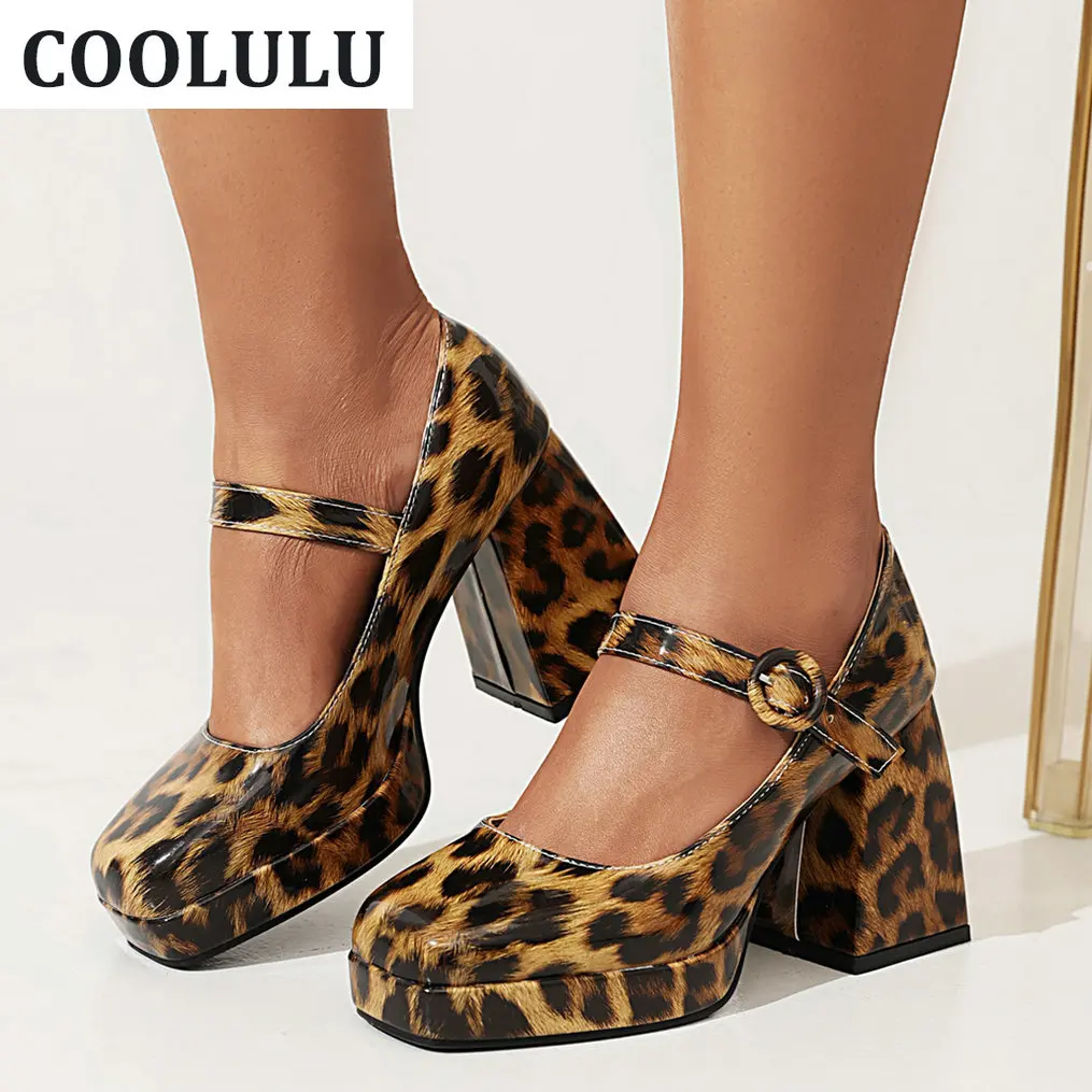 

Женские туфли-лодочки COOLULU с квадратным носком, Туфли Мэри Джейн на платформе и высоком массивном каблуке, свадебные женские туфли с леопард...