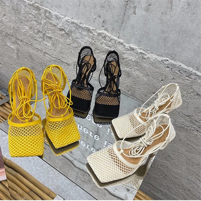 

Женские босоножки на высоком каблуке-шпильке, желтые сетчатые туфли-лодочки с квадратным носком, на шнуровке, с перекрестной шнуровкой, 2022