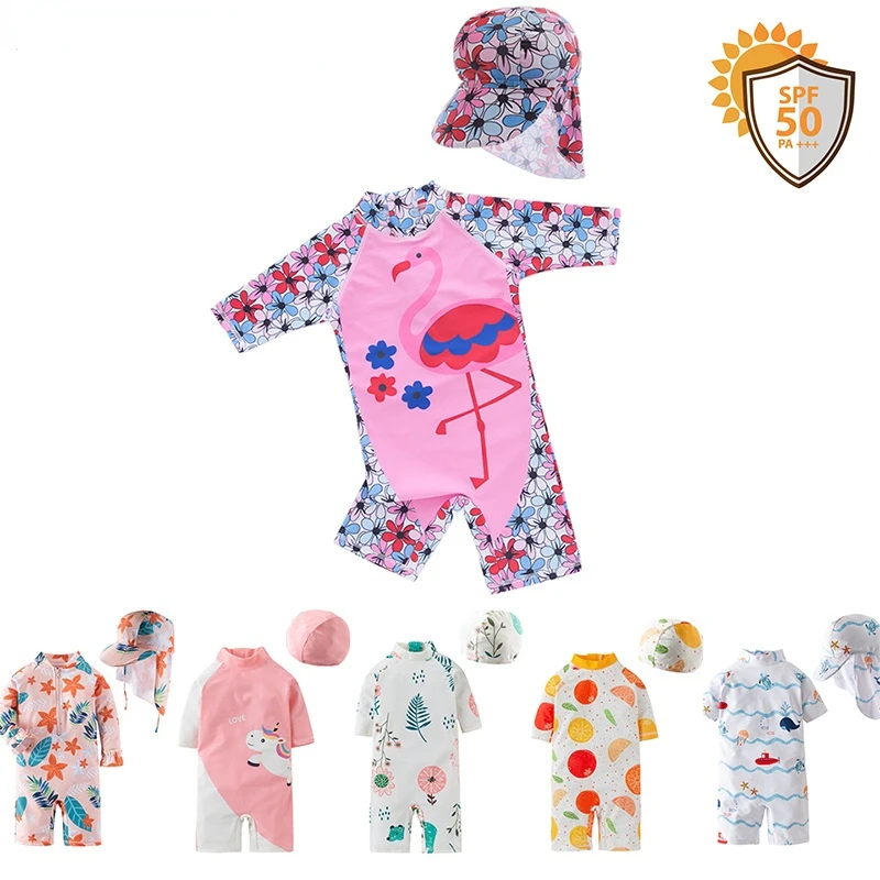 Baby Girls Swimsuit Long Sleeves One Piece Swimwear for Kids Toddler Cartoon UPF50+ Rash Guards Infant Bathing Suit