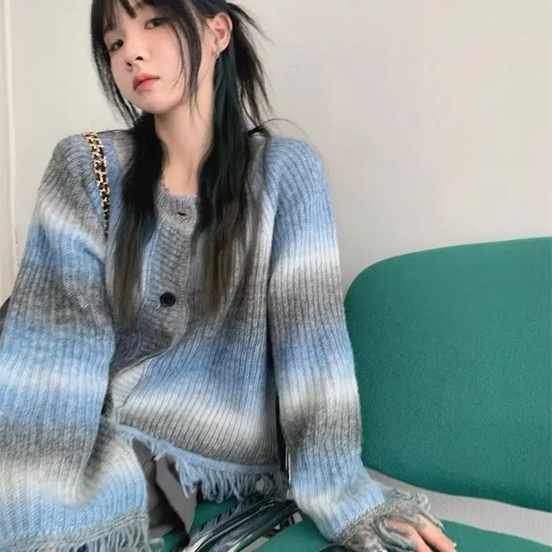 

ZCSMLL Autumn New Korean Versatile Top Tie Dyed Tassel Design Short Coat Women's long sleeve round collar Knitted Cardigan