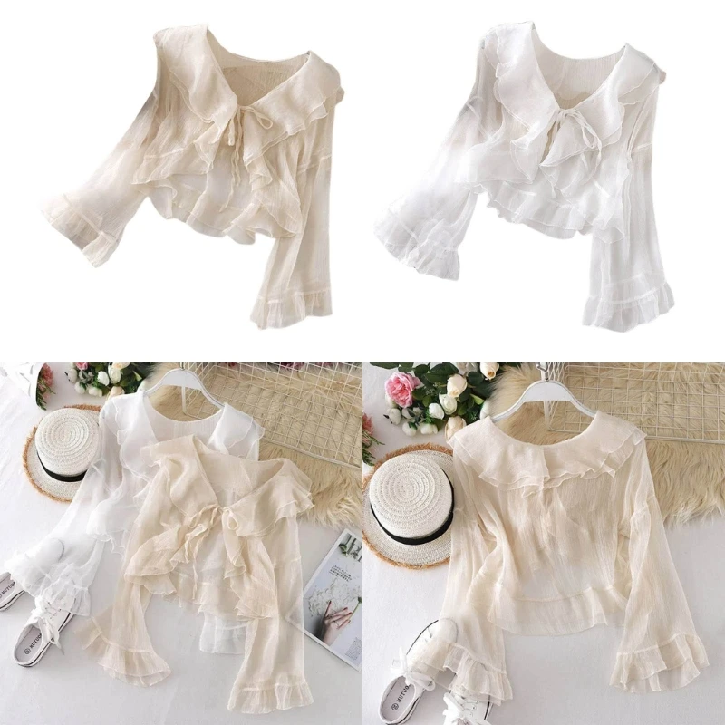 

Womens Summer Bows Flowy Top Long Sleeves Lotus-Cardigan Sweet Shirts for Casual