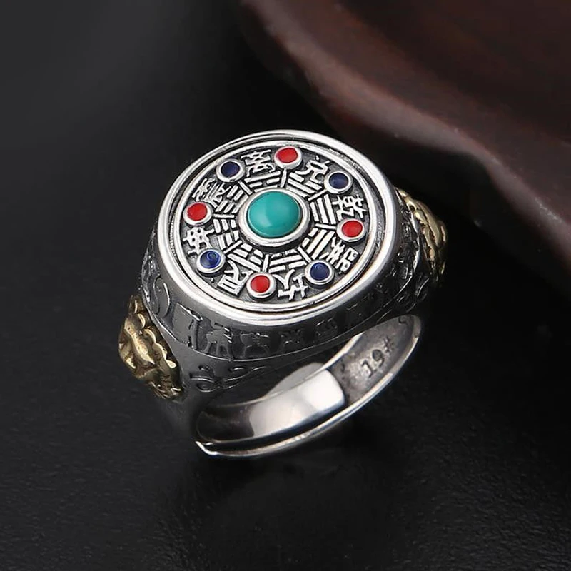 

New Silver Tai Chi Bagua Rotate Ring Men And Women Inlay Vintage Hipster Index Index Finger Ring Party Wear Domineering