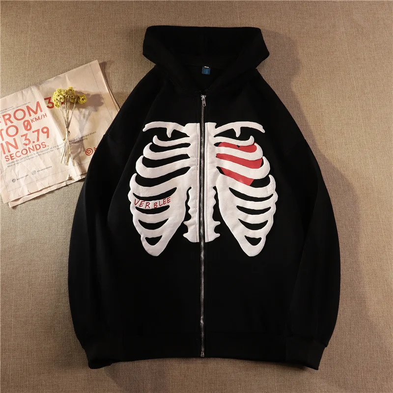 

2021 Autumn Winter Hooded Cardigan Sweater for Men Women Loose Skull Print Zipper Long-sleeve Y2k Jacket Trendy Hoodie Coats 5XL