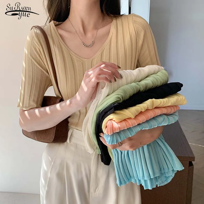 

Summer Slim Basic Solid Blouse Korean Pullover Half Sleeve Knitted Sweater Women Casual Retro Base Female Knitting Shirts 19488