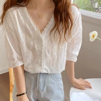 solid white women shirt v neck half sleeve button up ladies top summer spring korean fashion simple embroidery lace shirt 2022