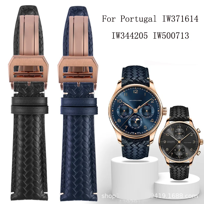 

High Quality Cowhide Woven Watchband For IWC IW344205 IW371614 IW500713 PORTUGIESER Portofino Blue Soft Leather Watch Strap 22mm