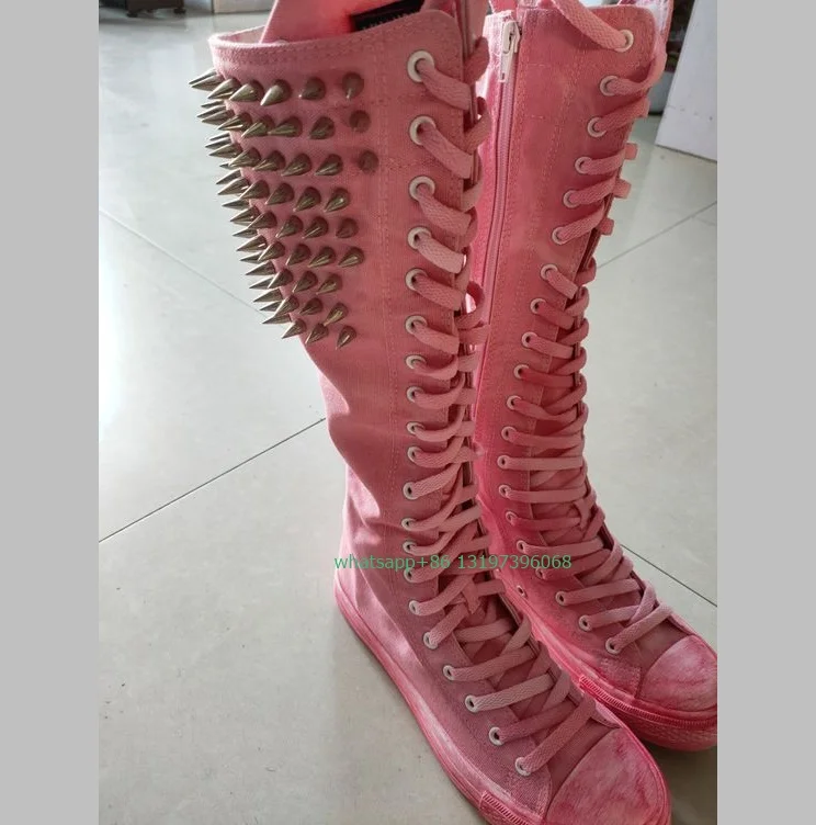 Женские туфли на шнуровке выше колена, розовые парусиновые туфли ручной стирки, обувь для бега, повседневная обувь, Размеры 35-46