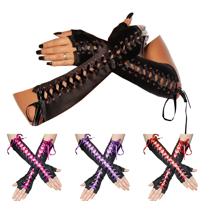

String Ribbon Lace Up Rivets Fingerless Gloves Elbow Length Half-Finger Gloves Sexy Satin Long Gloves Cosplay Costumes Mittens