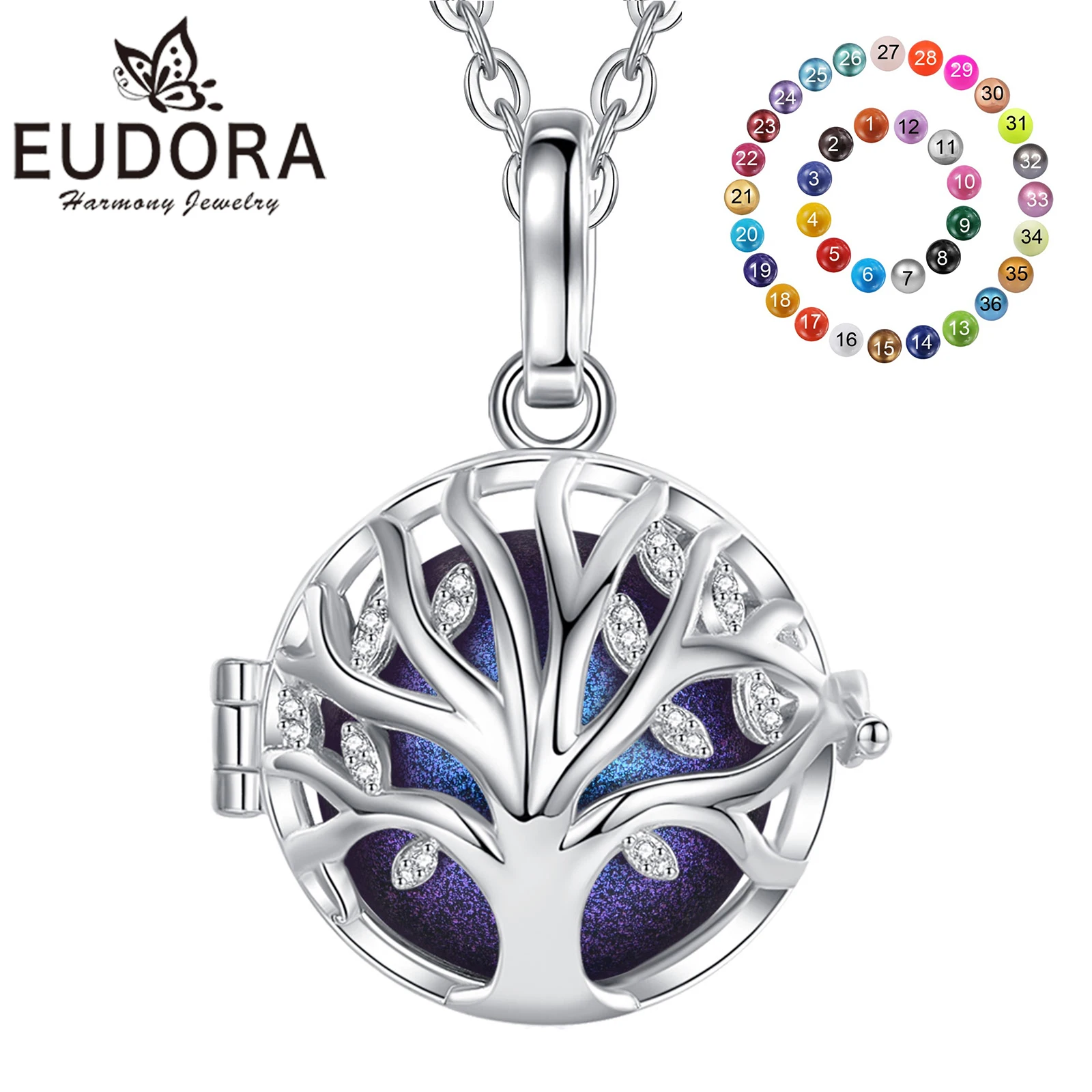 

Eudora 18mm Fashion Crystal Tree Cage Harmony Ball Chime Bell Pendant Angel Caller Bola Necklace for Baby Pregnancy Jewelry Gift