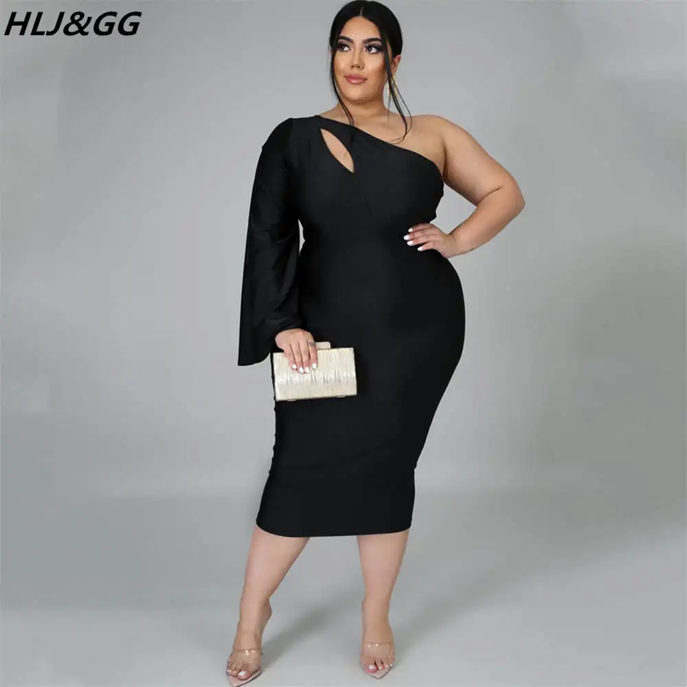 HLJ&GG Elegant Lady Satin One Shoulder Sleeve Party Club Dresses Plus Size Women Clothing 2XL-5XL Fashion Solid Hollow Mid Dress