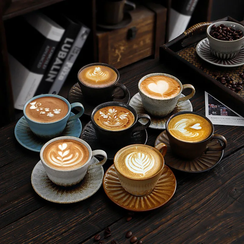 

Ceramic Antique Coffee Cup and Saucer Set Nordic Style Hand Drawn Cup Industrial Style Rough Pottery Gold Plated Mug