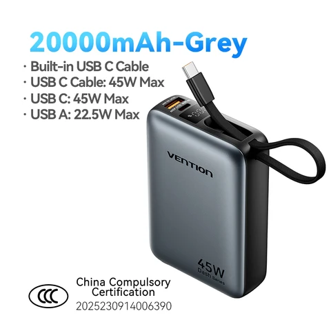 Vention CCC 45 Вт 20000 мАч Power Bank Портативное зарядное устройство с быстрой зарядкой для Xiaomi iPhone Pro Max Samsung Galaxy Battery 3C Powerbank