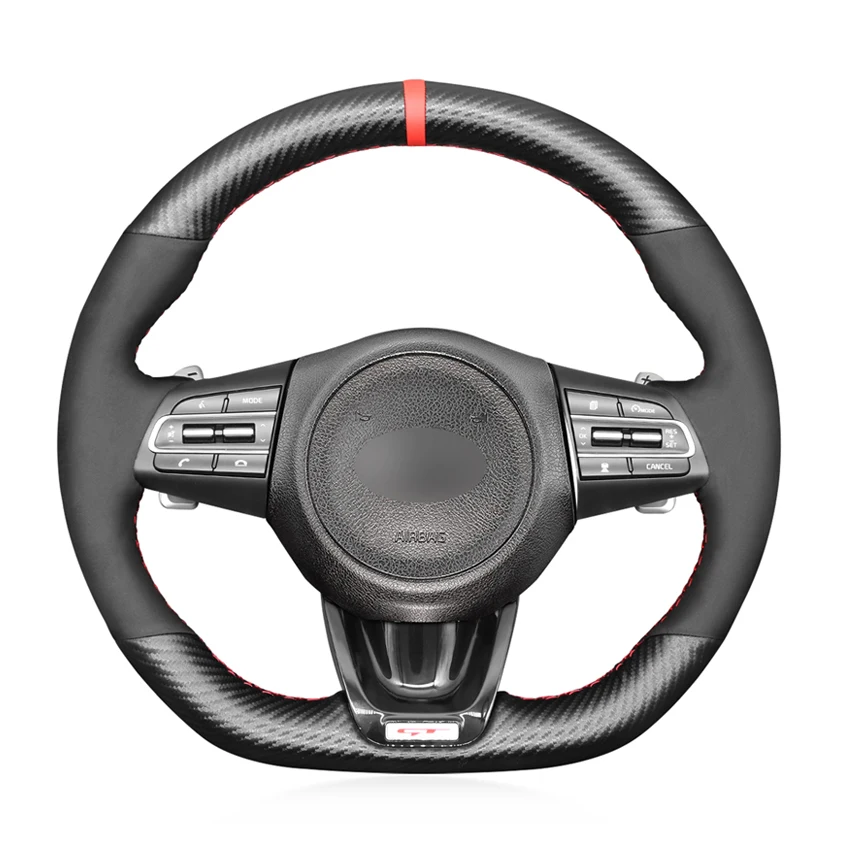

Hand-stitched Black Faux Carbon Fiber Suede Red Marker No-slip Soft Car Steering Wheel Cover For Kia Stinger 2017 2018 2019 2020