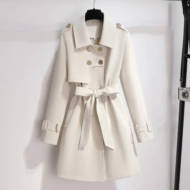 

Beige Women Casual Long Trench Coat With Sashes Double Breasted Women's Windbreaker 2023 Chic Office Coat Ladies Outerwear A879