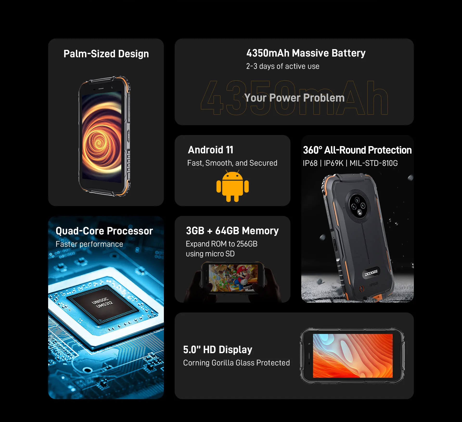 DOOGEE S35T 4G Rugged Phone 3GB+64GB Quad Core Smartphone Android 11 5.0 Inch Cellphone 13MP Sony Camera Mobile Phone 4350mAh