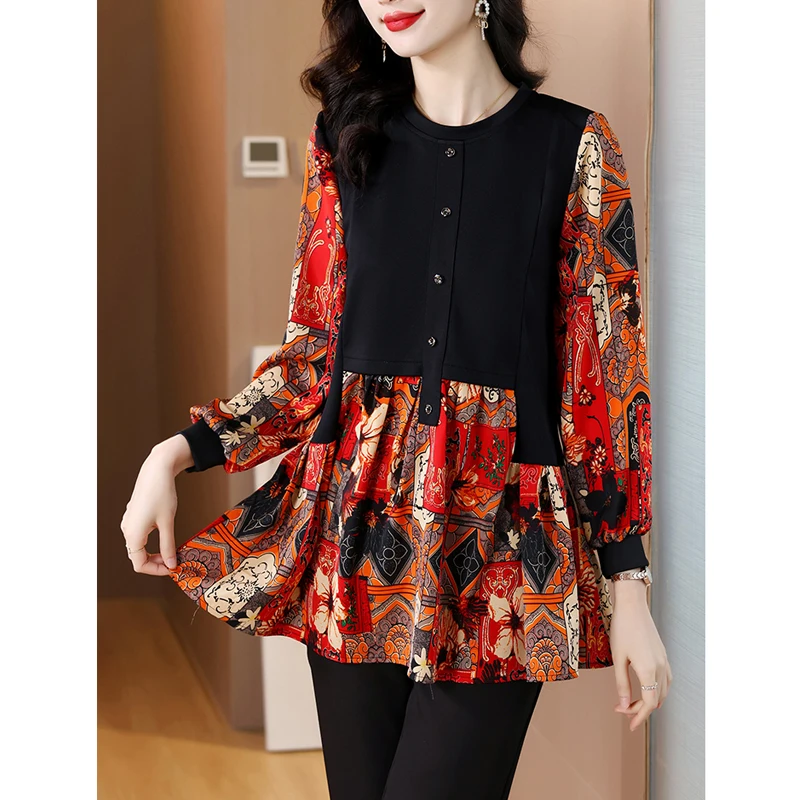 Женская винтажная блузка составного кроя с длинным рукавом и принтом